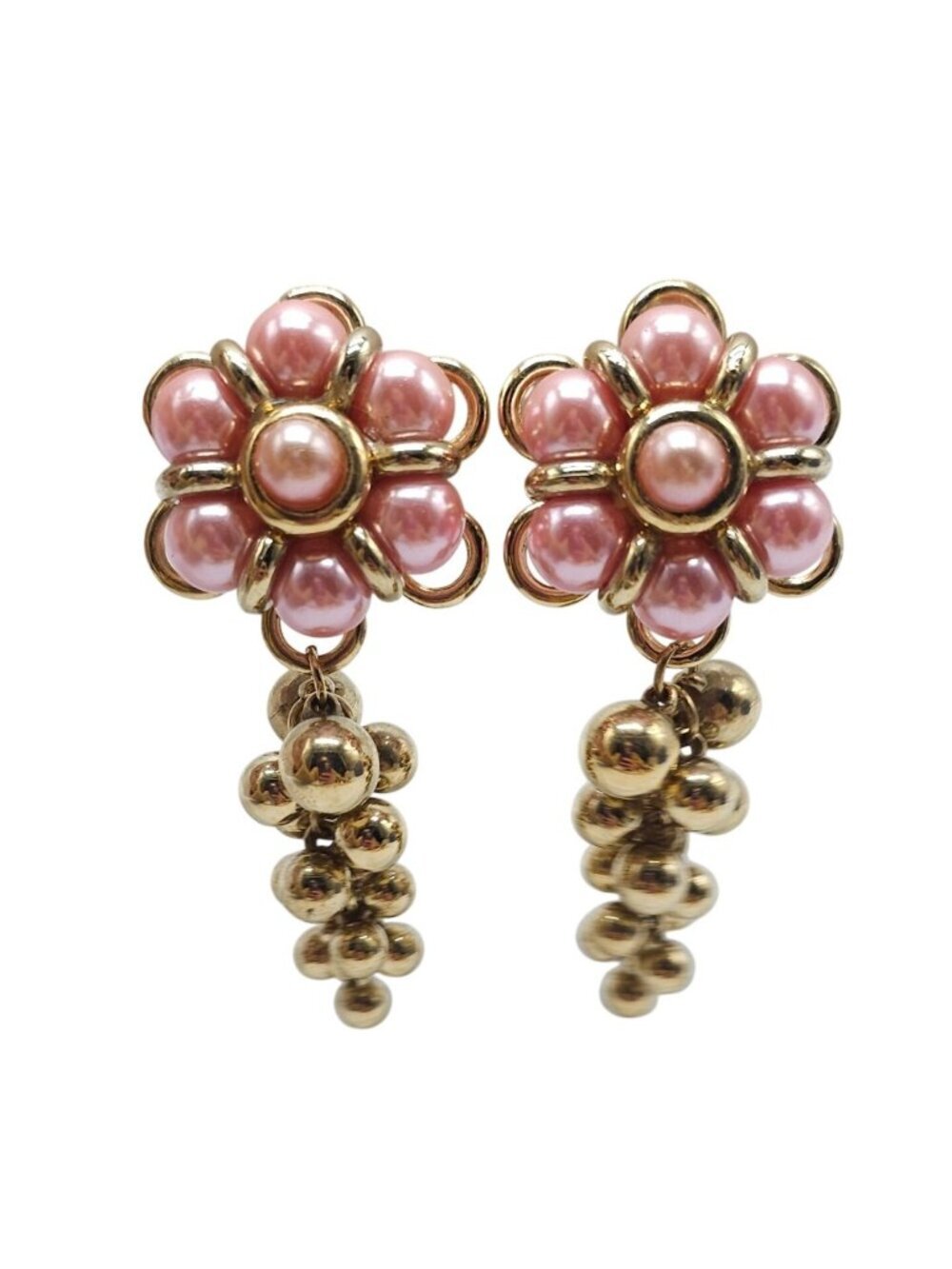 Vintage 1980s Pink Faux Pearl Gold-Tone Clip-On Earrings With Floral Dangle